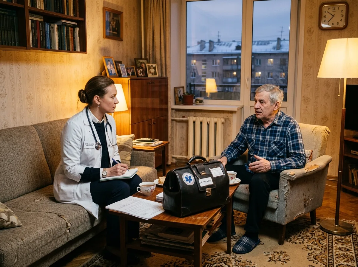 Врач-нарколог в белом халате приезжает на дом к пациенту, Москва, вечер, профессиональная медицинская сумка, тёплый свет в квартире
