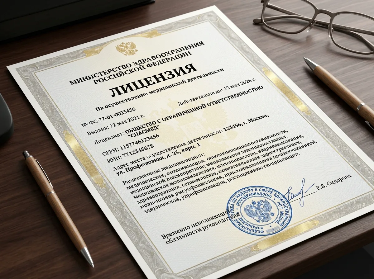 Медицинская лицензия ООО СпасМед Россия на осуществление медицинской деятельности, документ Росздравнадзора, официальная печать