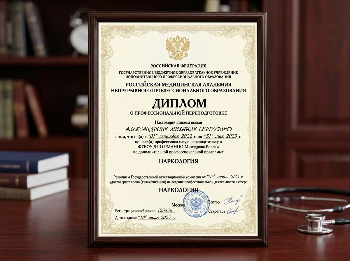 Диплом повышения квалификации врача по наркологии, Российская медицинская академия, профессиональная переподготовка